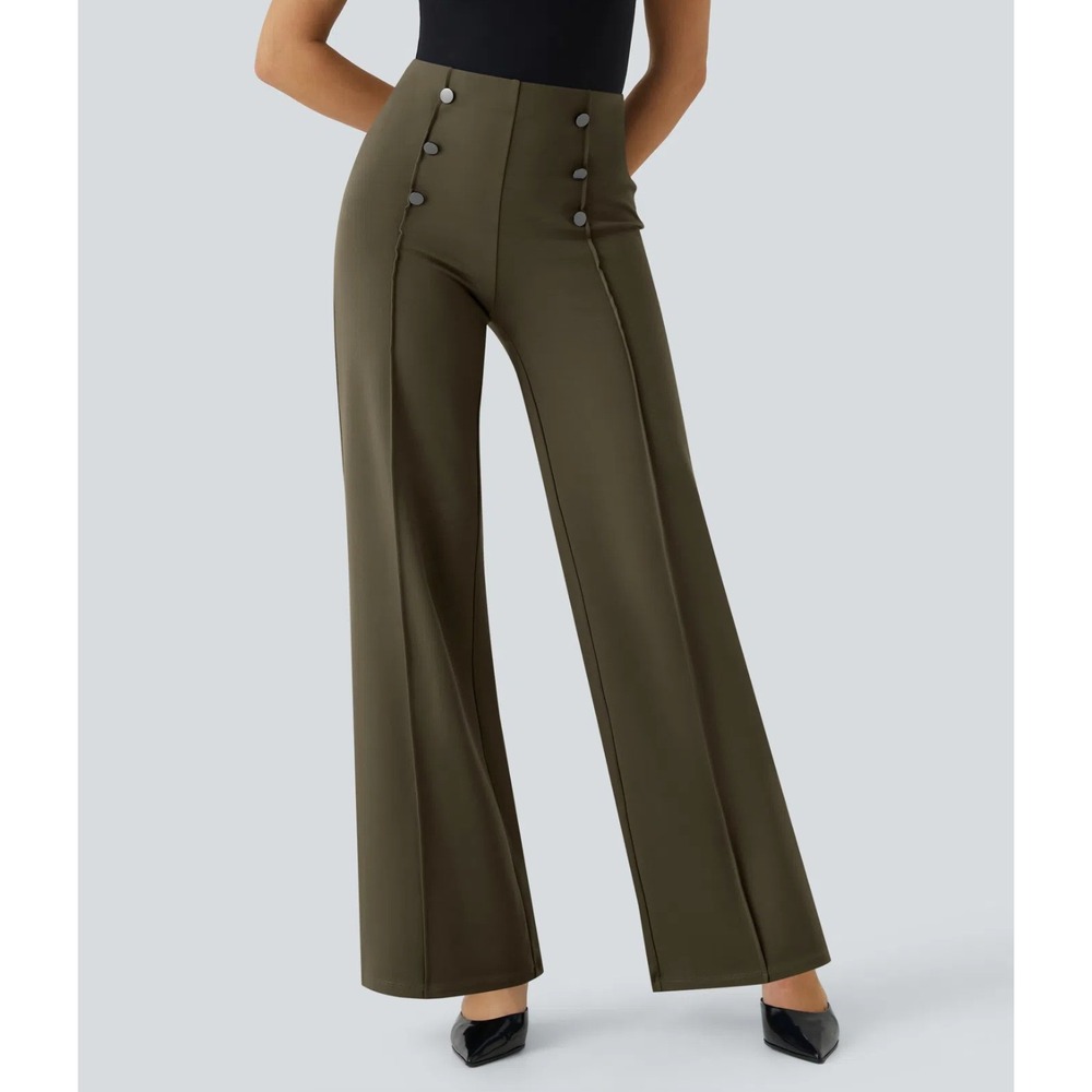 Halara High Waisted Wide Leg Work Pants Beech Sailor Button Straight Fit Large